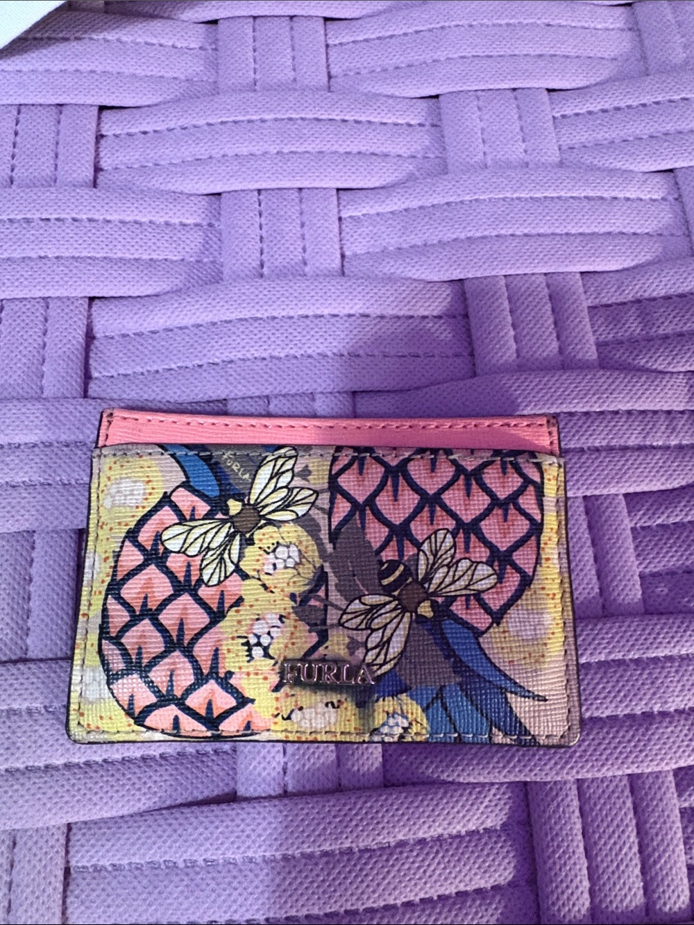 Furla Multicolor Pineapple Floral Bee Card Holder EUC